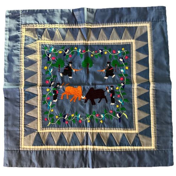 Hmong Embroidrered Folk Story Cloth Handmade Wall Hanging Birds, Men, & Guars - Picture 1 of 9